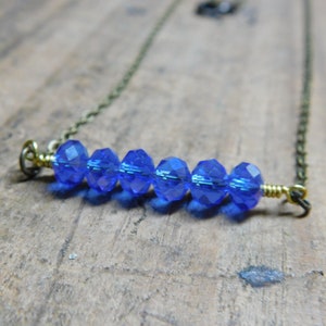 Sapphire Blue Crystal Bar Necklace. Little Sparklers© .  Crystal rondelles & Brass layering minimalist necklace.  #FestiveEtsyFinds