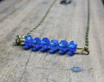 Sapphire Blue Crystal Bar Necklace. Little Sparklers© .  Crystal rondelles & Brass layering minimalist necklace.  #FestiveEtsyFinds