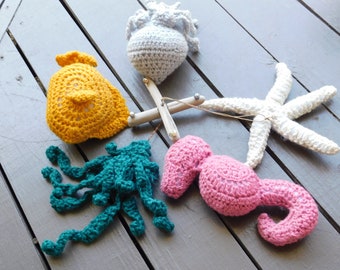 Under The Sea DriftWood & Crocheted Sea Creature Baby Nursery Mobile Primitive, Hand wind. Seahorse, Jellyfish, Seaweed, Starfish, Goldfish
