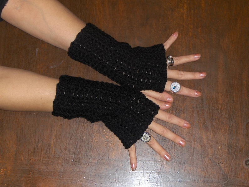 The Black Mamba Fingerless Gloves. Arm Warmers Handmade Crochet Texting Gloves Hand Crocheted fall autumn winter accessory Gothic Boho Raven image 2