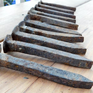 May include: A collection of 12 rusty, antique nails, arranged in a row on a wooden surface. The nails are various lengths and have a dark, aged patina.