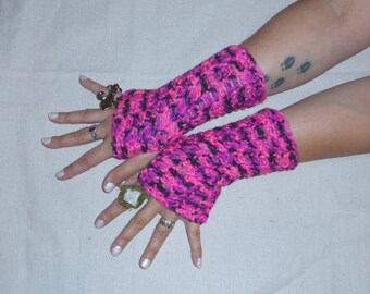 Hand Cocheted Boho Fingerless Gloves Arm Warmers Pink Panther Gloves. Crochet Pink and Black Spring fashion Accessory Girly Girl Hot pink