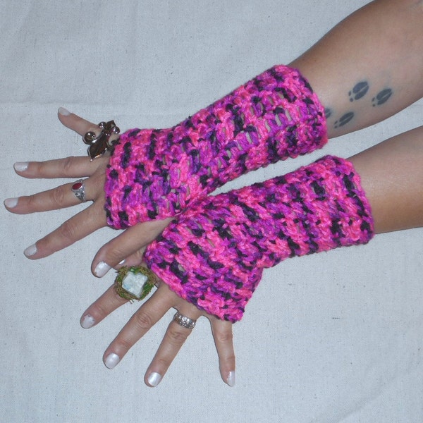 Hand Cocheted Boho Fingerless Gloves Arm Warmers Pink Panther Gloves. Crochet Pink and Black Spring fashion Accessory Girly Girl Hot pink