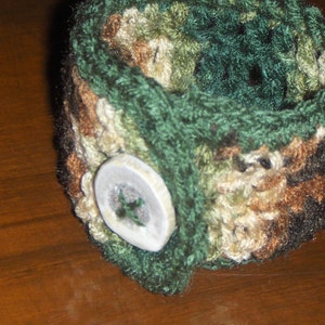 Mossy Forest.  Handmade Crocheted Coffee Cup Cozy with Deer Antler Button, Unisex gift for him or her under 5 dollars . stocking stuffer