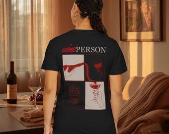Maglietta grafica divertente con scritta "Wine Person" - Maglietta estetica e accogliente per gli amanti del vino con linee minimaliste e un elegante design di uva rossa per le donne