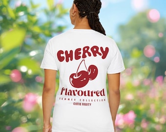 T-shirt graphique d'été à saveur de cerise, joli t-shirt esthétique fruité avec imprimé cerise rouge pour femme et homme dans un style rétro tendance