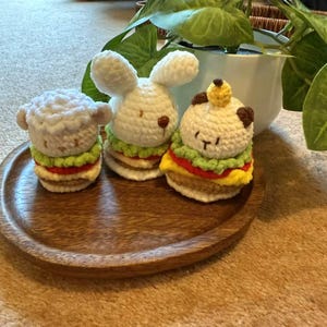 Crochet Animal Burger Plushies | Amigurumi Kawaii Food Toys | Funny Handmade Desk Pets | Cute Animal Gift Idea