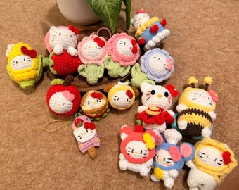 Handmade Crochet Kitty Keychain Collection – Ice Cream, Strawberry, Flower Pot & Animal Head Costumes