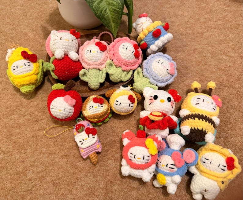 Handmade Crochet Kitty Keychain Collection – Ice Cream, Strawberry, Flower Pot & Animal Head Costumes image 1
