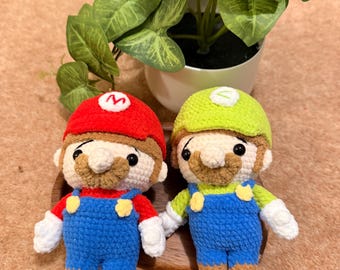 Big Crochet Red and Green Plumber Doll Keychain Set - Handmade Gamer Inspired Gift