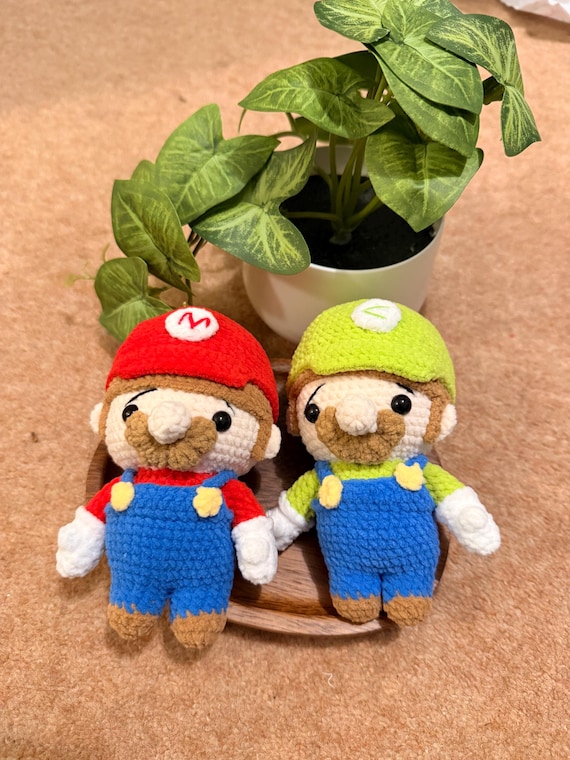 Big Crochet Red and Green Plumber Doll Keychain Set - Handmade Gamer Inspired Gift
