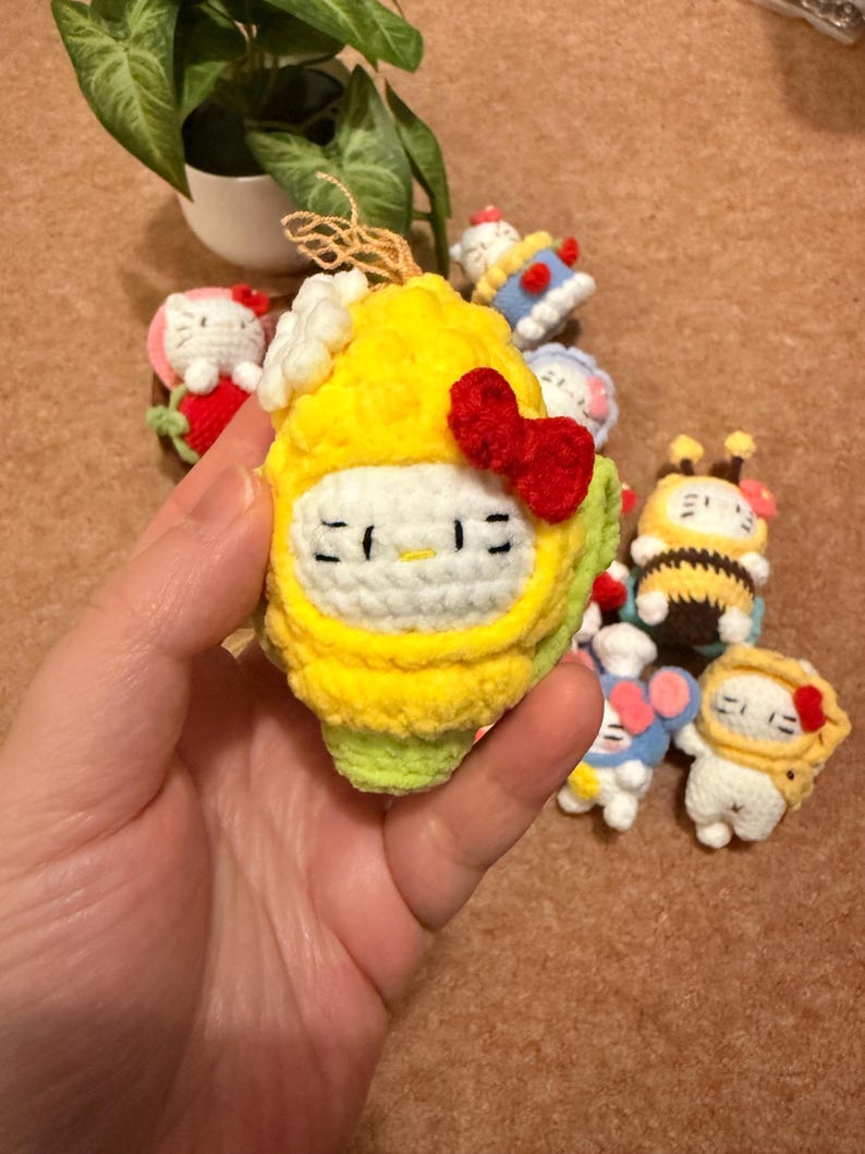 Handmade Crochet Kitty Keychain Collection – Ice Cream, Strawberry, Flower Pot & Animal Head Costumes image 14