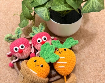 Kawaii Carrot & Radish Keychains – Handmade Crochet Plush Charms