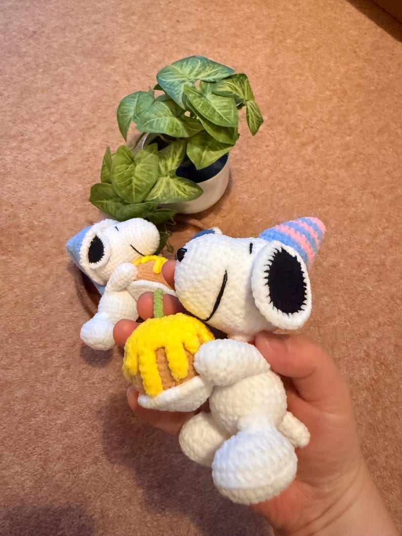 May include: Crocheted Snoopy figures, one holding a yellow cake with orange frosting. Snoopy wears a blue and pink party hat. A small potted plant with green leaves is in the background.