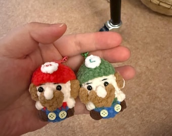 Crochet Plumber Doll Keychain Set – Red Green Amigurumi Plush Characters