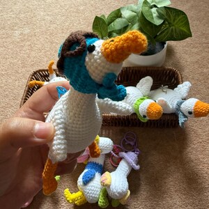 Puede incluir: Una colecci&oacute;n de gansos de ganchillo hechos a mano en varios colores y dise&ntilde;os. Un ganso se sostiene en una mano, mientras que otros descansan en una cesta. Los gansos presentan cuerpos blancos, picos naranjas y acentos coloridos.