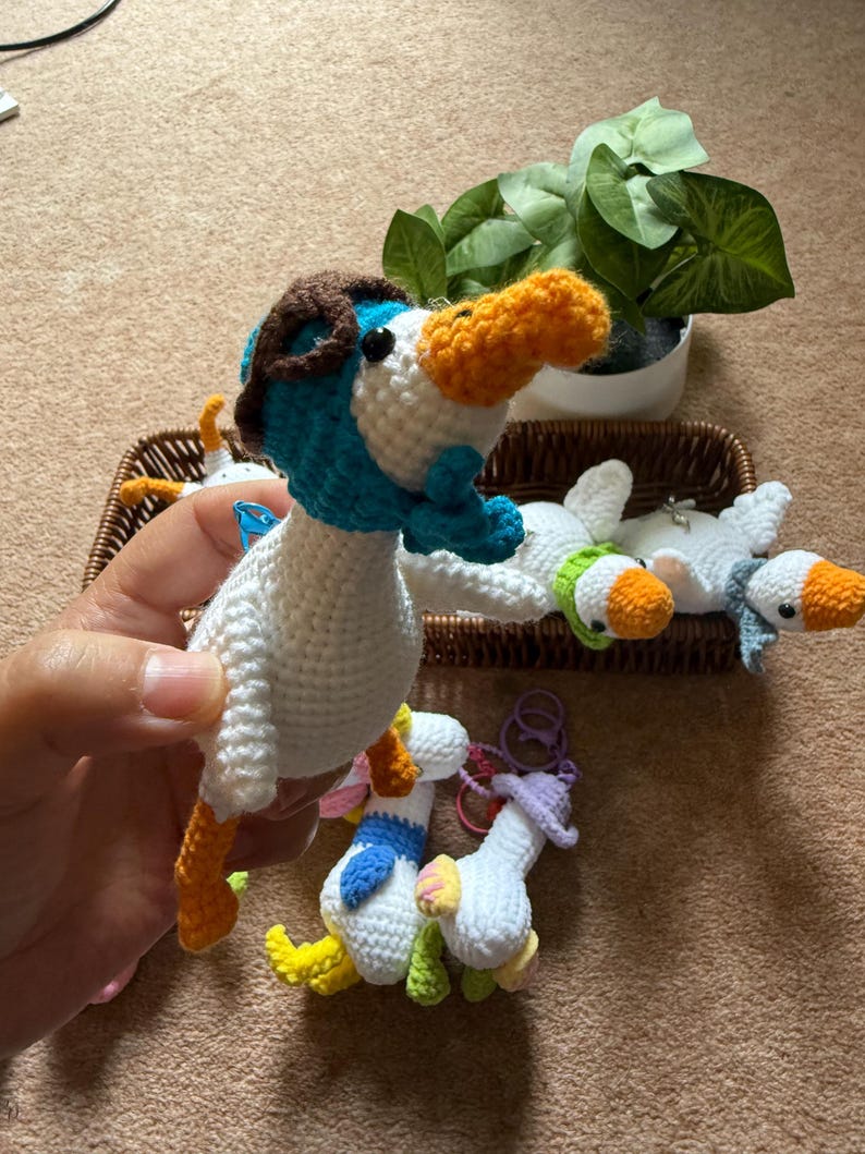 Puede incluir: Una colecci&oacute;n de gansos de ganchillo hechos a mano en varios colores y dise&ntilde;os. Un ganso se sostiene en una mano, mientras que otros descansan en una cesta. Los gansos presentan cuerpos blancos, picos naranjas y acentos coloridos.