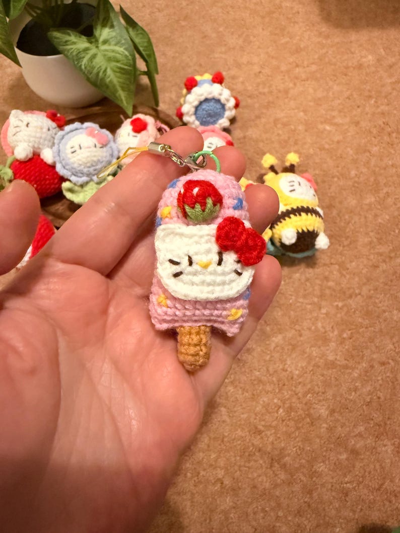 Handmade Crochet Kitty Keychain Collection – Ice Cream, Strawberry, Flower Pot & Animal Head Costumes image 19