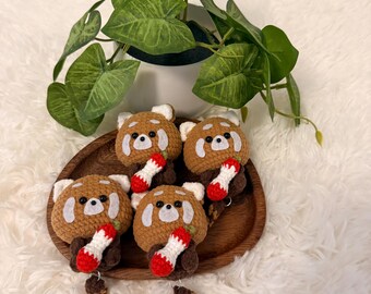 Crocheted Red Panda Keychain – Amigurumi Bag Charm with apple Detail