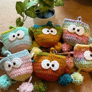 Könnte beinhalten: Eine Sammlung farbenfroher, gehäkelter Eulen-förmiger Beutel mit großen weißen Augen und Pompon-Akzenten. Die Beutel sind in verschiedenen Farben erhältlich, darunter Blau, Rosa, Gelb und Regenbogenfarben. Sie sind in einem Korb mit einer Pflanze im Hintergrund angeordnet.
