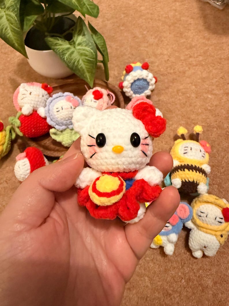 Handmade Crochet Kitty Keychain Collection – Ice Cream, Strawberry, Flower Pot & Animal Head Costumes image 8
