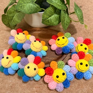 Peut inclure: Un ensemble de six fleurs crochetées, chacune dotée d'un visage circulaire jaune vif avec des yeux noirs brodés et un sourire. Les pétales sont réalisés en fil pelucheux doux dans un arc-en-ciel de couleurs vives.