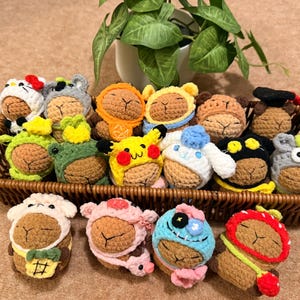 Può includere: Una collezione di piccole figure di capibara all'uncinetto marroni, ognuna che indossa un cappuccio colorato all'uncinetto a forma di animale o personaggio, disposte in un cesto rettangolare di vimini marrone, con vari design come rane e orsi.