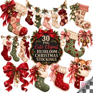 Puede incluir: Una colección de 30 ilustraciones digitales que muestran calcetines navideños con diversas texturas, patrones y colores, adornados con lazos, campanas y motivos florales, incluyendo una placa central con el texto 30 PNG Cute Clipart Heirloom Christmas Stockings.