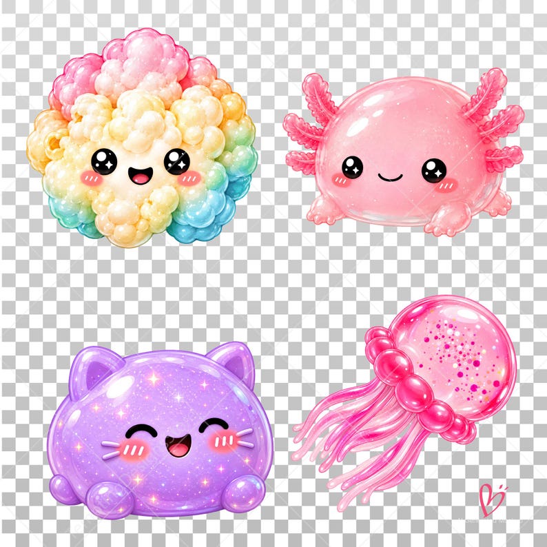 May include: A collection of four digital illustrations featuring a rainbow-colored popcorn cloud, a pink axolotl, a purple cat-shaped blob with glitter, and a pink jellyfish, all designed with large black eyes and smiling faces.