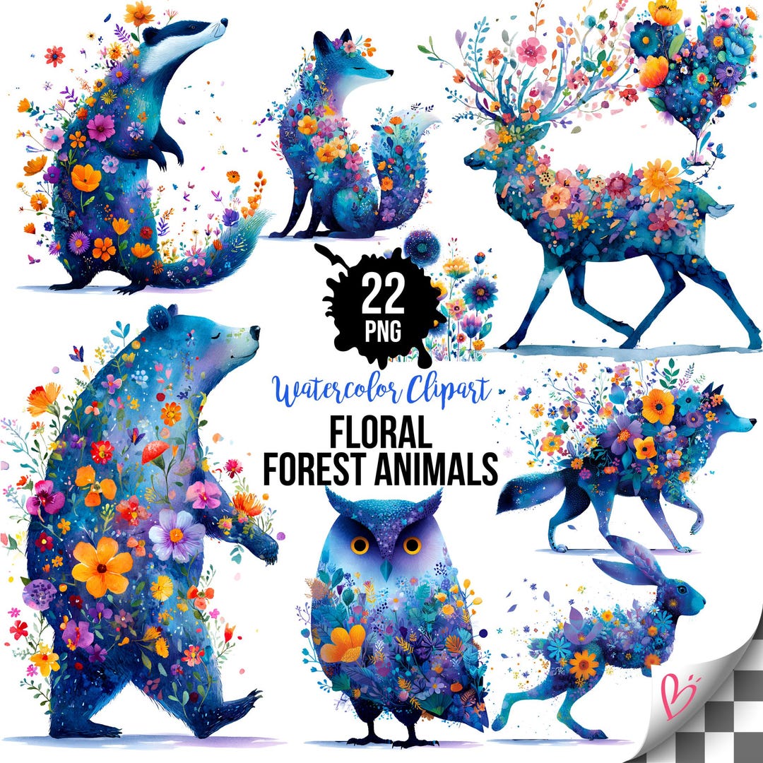 Floral Animals Clipart Bundle, Forest Animal Silhouette With Flowers ...