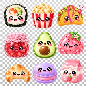 May include: A collection of nine kawaii-style food illustrations featuring a sushi roll, popcorn, taco, strawberry jam jar, avocado, strawberry, croissant, purple macaron, and a strawberry milk carton, all with smiling faces.