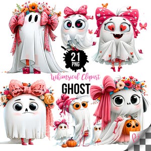 May include: A collection of white ghost illustrations featuring pink bows, floral crowns, and orange pumpkins. The text 21 PNG Whimsical Clipart GHOST is centered. The ghosts have large eyes, some with heart-shaped pupils, and are adorned with butterflies.