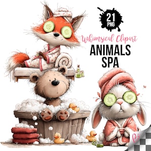 Spa-djur Clipart PNG-paket, nyckfulla självvårdsdjur, söta avslappningsdjur, badspa Clipart, handdukar ljus wellness, utskrivbara 21 PNG-bilder