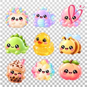 May include: A collection of nine glossy, cartoon-style figures featuring a hedgehog, purple dragon, pink octopus with a heart, green dinosaur, yellow duck, bee, bubble tea, rainbow cloud, and a peach, all with large eyes and smiles.