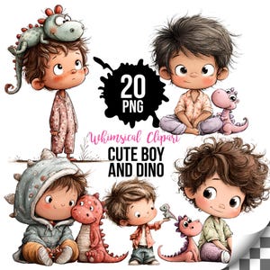 May include: Whimsical digital clipart featuring illustrations of cute boys and dinosaurs. The image includes several boys in various outfits, each accompanied by a dinosaur. The text "20 PNG" and "Cute Boy and Dino" are also present.