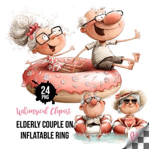 Whimsical Elderly Couple Clipart, Old Couple Float PNG Bundle, Cute Funny Seniors, 24 PNG Commercial Use