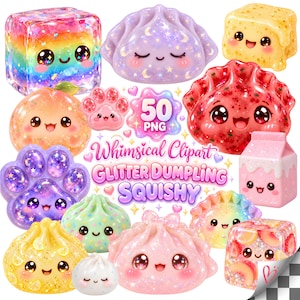 Paquete PNG de dumplings con purpurina, imágenes prediseñadas PNG blanditas, personajes de comida kawaii, sublimación de purpurina arcoíris, juguetes sensoriales lindos, 50 PNG