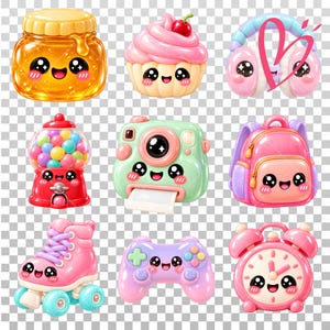 May include: A collection of nine kawaii-style icons featuring a honey jar, cupcake, headphones, gumball machine, instant camera, backpack, roller skate, game controller, and alarm clock, all with smiling faces and vibrant colors.