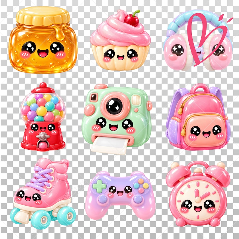 May include: A collection of nine kawaii-style icons featuring a honey jar, cupcake, headphones, gumball machine, instant camera, backpack, roller skate, game controller, and alarm clock, all with smiling faces and vibrant colors.