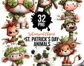 St Patrick’s Day Animals Clipart PNG Bundle: Cute Whimsical Animals Clover Lucky Watercolor, Dog Cat Cow Bunny (Digital download - 32 PNGs)