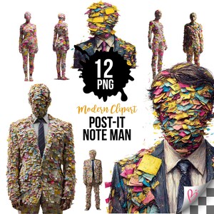 May include: A collection of digital art images featuring figures and a man's suit covered in colorful Post-it notes. The images include the text "12 PNG" and "Modern Clipart POST-IT NOTE MAN".