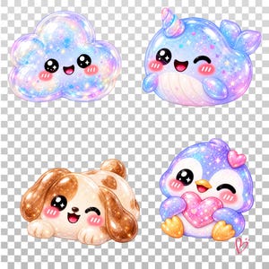 May include: A set of four digital illustrations featuring a glittery iridescent cloud, a sparkling blue narwhal, a brown puppy with a heart-shaped spot, and a purple penguin holding a pink heart, all with large black eyes and rosy cheeks.