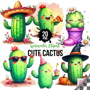 May include: Watercolor clipart featuring six adorable cartoon cacti. Each cactus is a vibrant green with smiling faces and various accessories, including a sombrero, sunglasses, and a witch hat. The image includes the text "Watercolor Clipart" and "Cute Cactus".