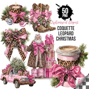Puede incluir: Una colección digital de ilustraciones navideñas que incluye una vela con estampado de leopardo, botas vaqueras con lazos rosas, un lazo grande de leopardo, Santa Claus con abrigo de leopardo, regalos, un camión rosa y una taza de café con texto.