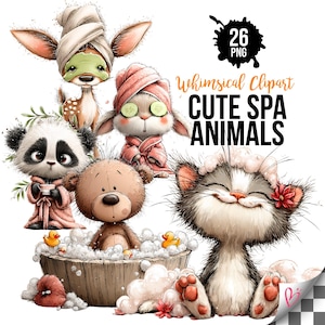 May include: Whimsical clipart featuring cute spa animals, including a deer with a face mask, a bunny with cucumber slices on its eyes, and a panda in a robe. A teddy bear and a cat are also featured, with the cat in a bubble bath. The image includes the text "Cute Spa Animals".