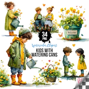 Puede incluir: Clipart de acuarela con niños con regaderas, flores y un letrero de bienvenida. La imagen incluye el texto "34 PNG" y "Watercolor Clipart KIDS WITH WATERING CANS". Las ilustraciones son en verde, amarillo y azul.