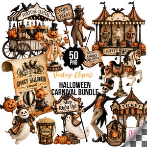 Pode incluir: Uma coleção digital de 50 ilustrações com tema de carnaval de Halloween, incluindo uma carroça de cartomante, um teatro de marionetes, um cavalo de carrossel, um esqueleto, fantasmas, abóboras, um balde de pipoca e placas com texto.