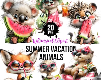 Zomervakantie dieren clipart png-bundel, schattige stranddieren illustraties, tropische zomer png, aquarel vakantie dieren, commercieel, 20 png