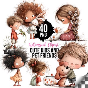 Puede incluir: Clipart caprichoso con ilustraciones de niños con sus mascotas. La imagen incluye un niño con un lagarto, una niña con un conejo, una niña con un gato, una niña con una pecera y un niño abrazando a un perro. Se muestra el texto "40 PNG".