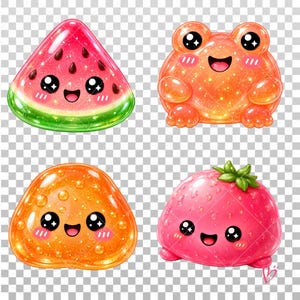 May include: Four glossy, translucent, jelly-like figures with smiling faces and large black eyes. The set includes a triangular watermelon slice, an orange frog, a rounded orange shape with bubbles, and a pink strawberry-shaped character.